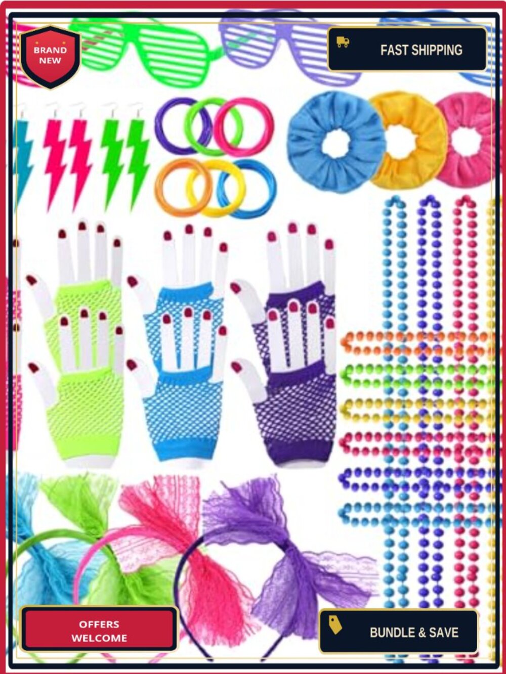 80s 90s Party Favors Set Neon Earrings Glasses Gloves Necklace Bracelets Hair